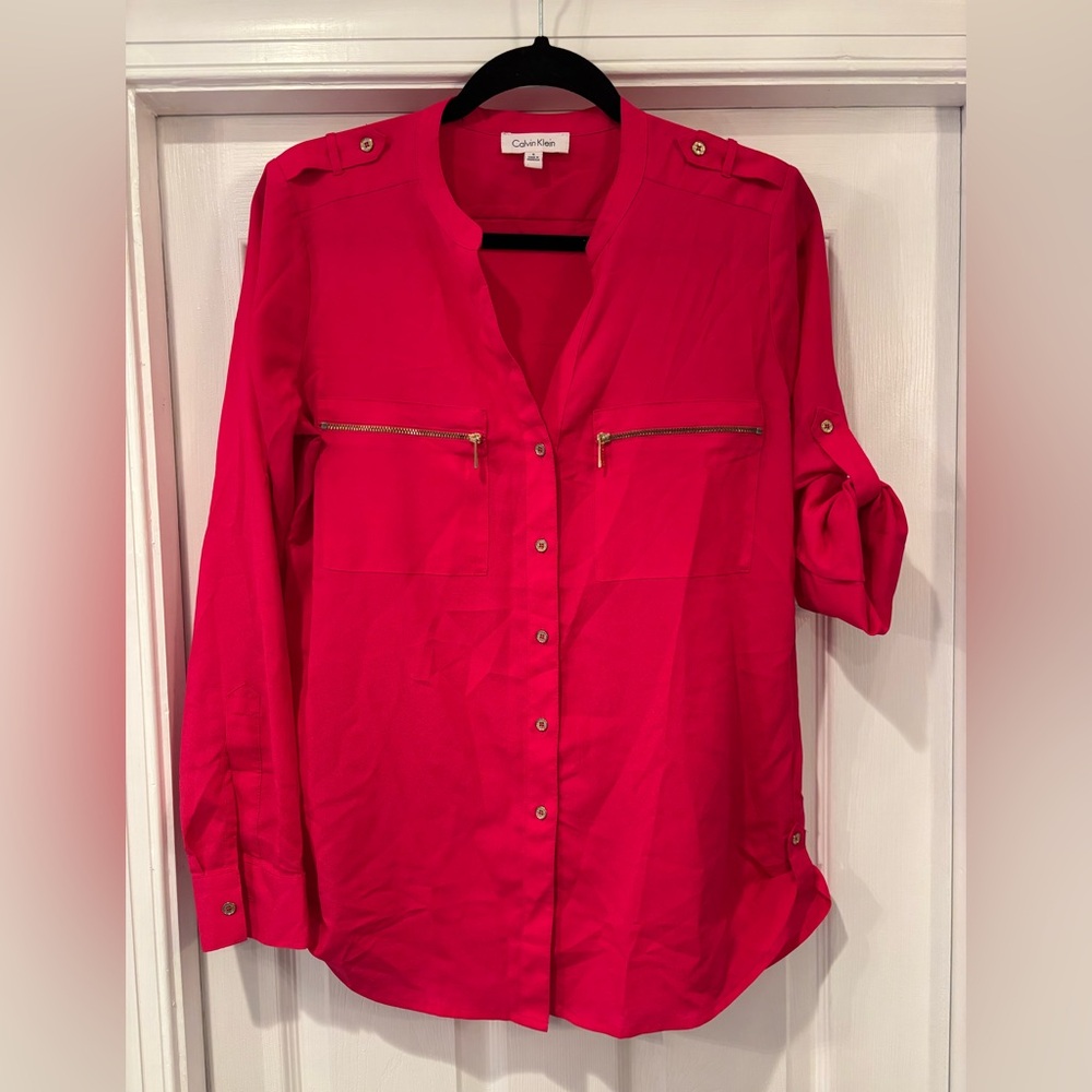 OFFERS OPEN! Women’s small Calvin Klein Hot Pink Button down Blouse Zip Pocket